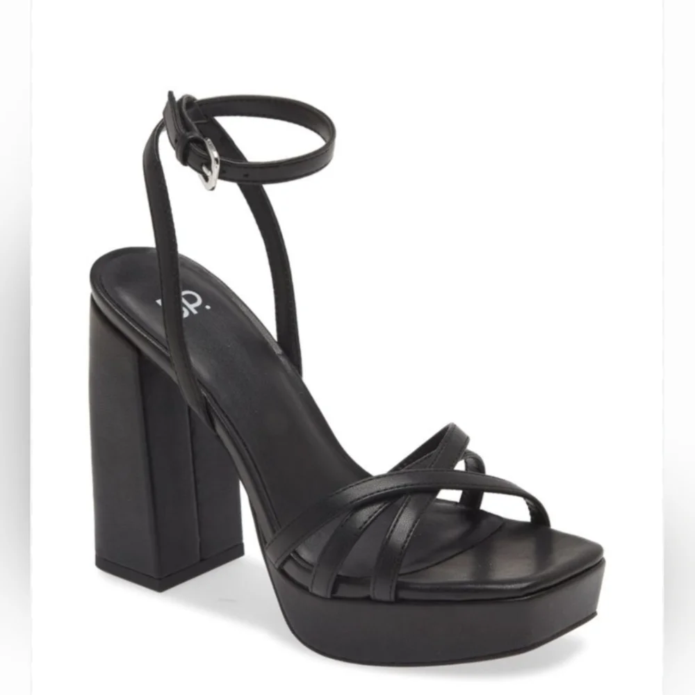 Black Platform Ankle-Strap Block Heel Sandal